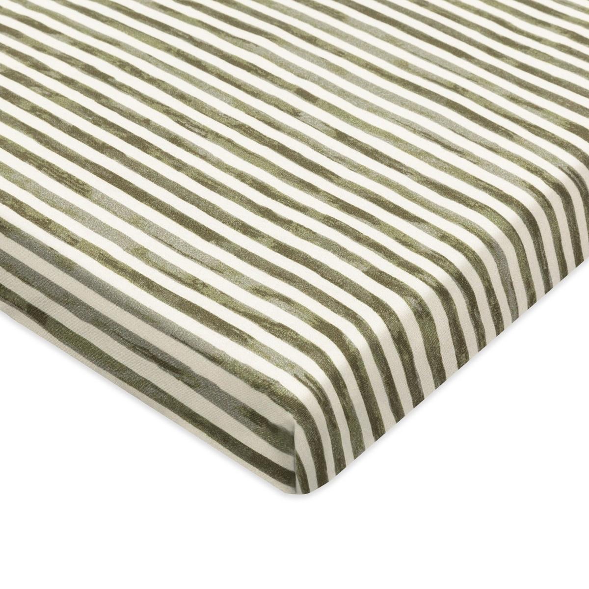Babyletto crib sheet with olive green and white striped pattern
