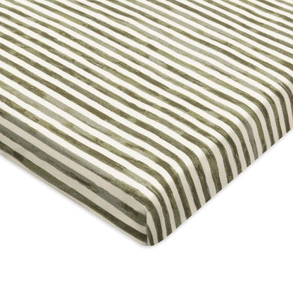 Babyletto crib sheet with olive green and white striped pattern