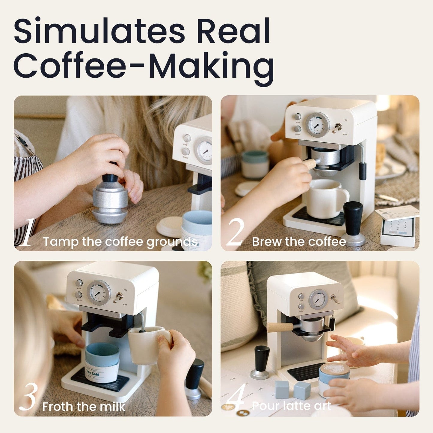 Tiny Land Play Kitchen Accessories – Children’s Coffee Maker: Wooden Café Play Set for Kids - TLTGCK002WT