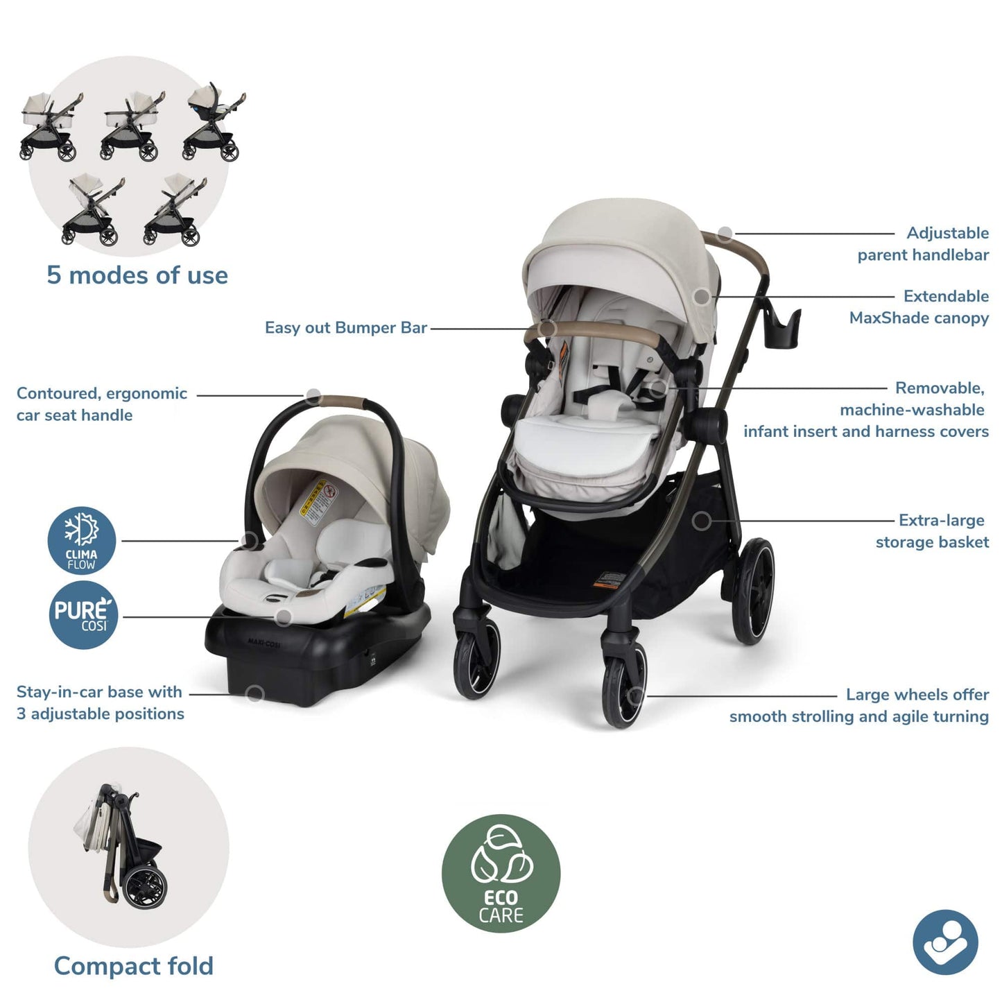Maxi-Cosi Zelia Pro 5-in-1 Travel System - Classic Oat