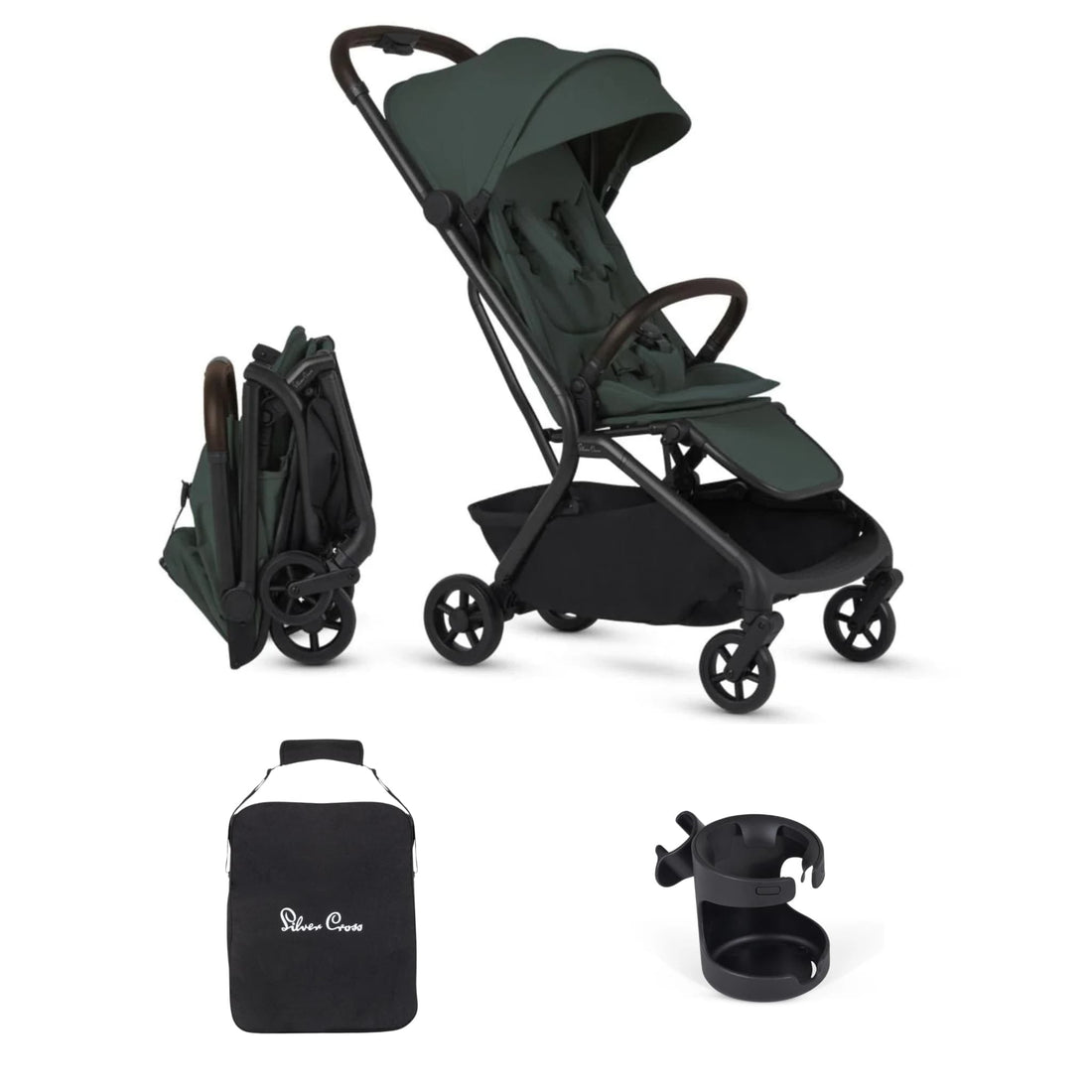 Silver Cross Nia Compact Travel Stroller + Cup Holder + Travel Bag Bundle - Conifer
