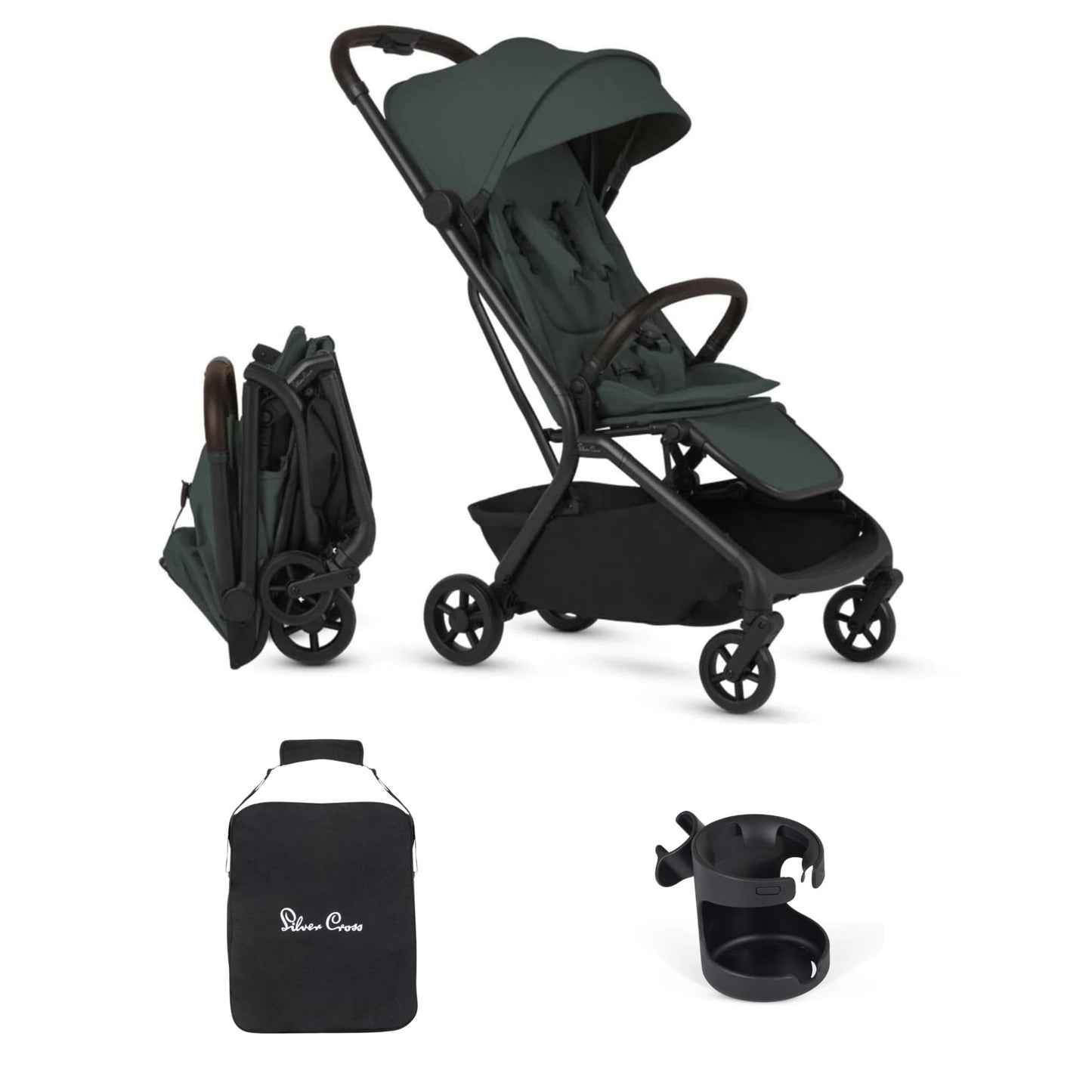 Silver Cross Nia Compact Travel Stroller + Cup Holder + Travel Bag Bundle - Conifer