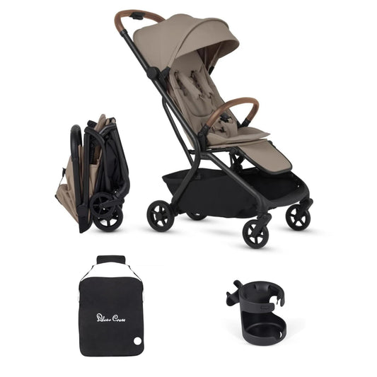 Silver Cross Nia Compact Travel Stroller + Cup Holder + Travel Bag Bundle - Champagne
