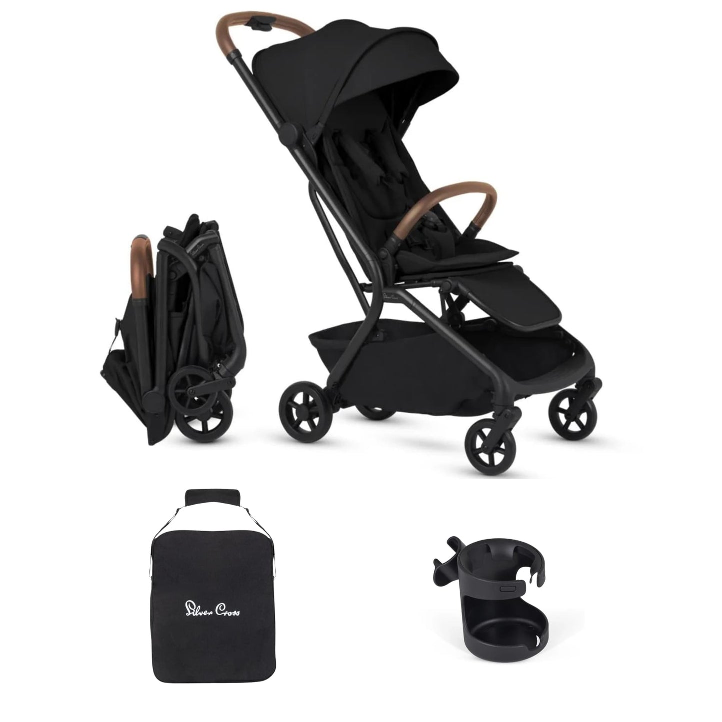 Silver Cross Nia Compact Travel Stroller + Cup Holder + Travel Bag Bundle - Onyx