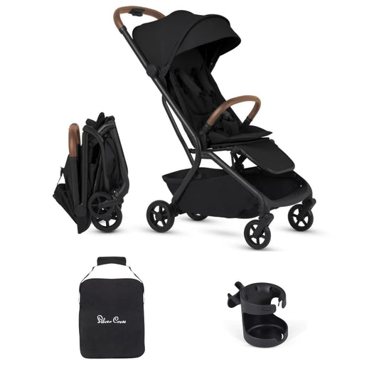 Silver Cross Nia Compact Travel Stroller + Cup Holder + Travel Bag Bundle - Onyx