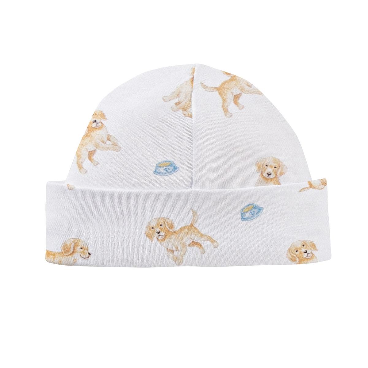 Baby Club Chic white baby hat with golden retriever puppy and food bowl print