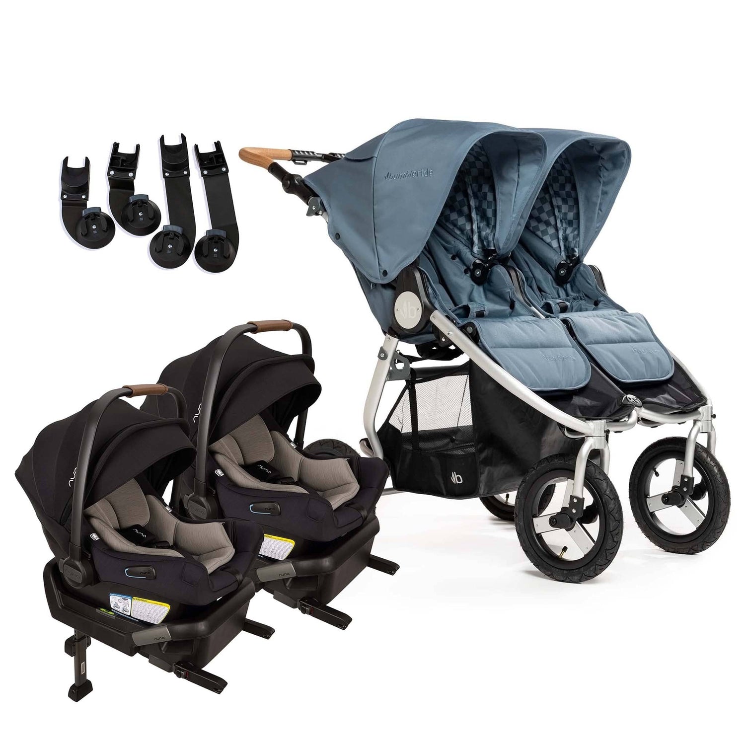 Bumbleride Indie Twin Double Stroller + Nuna PIPA Aire Twin Travel System Bundle - Ocean / Caviar - TWIN-IT-985CN-CF18500CVR