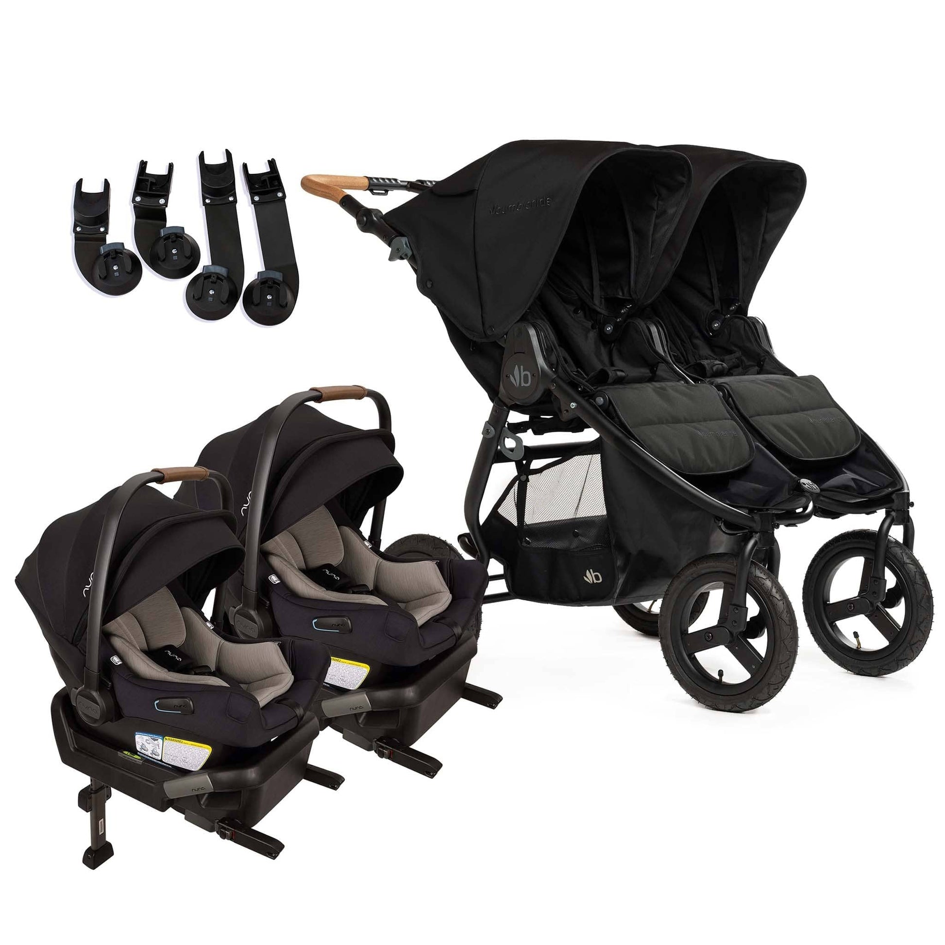 Bumbleride Indie Twin Double Stroller + Nuna PIPA Aire Twin Travel System Bundle - Black / Caviar - TWIN-IT-985LC-CF18500CVR