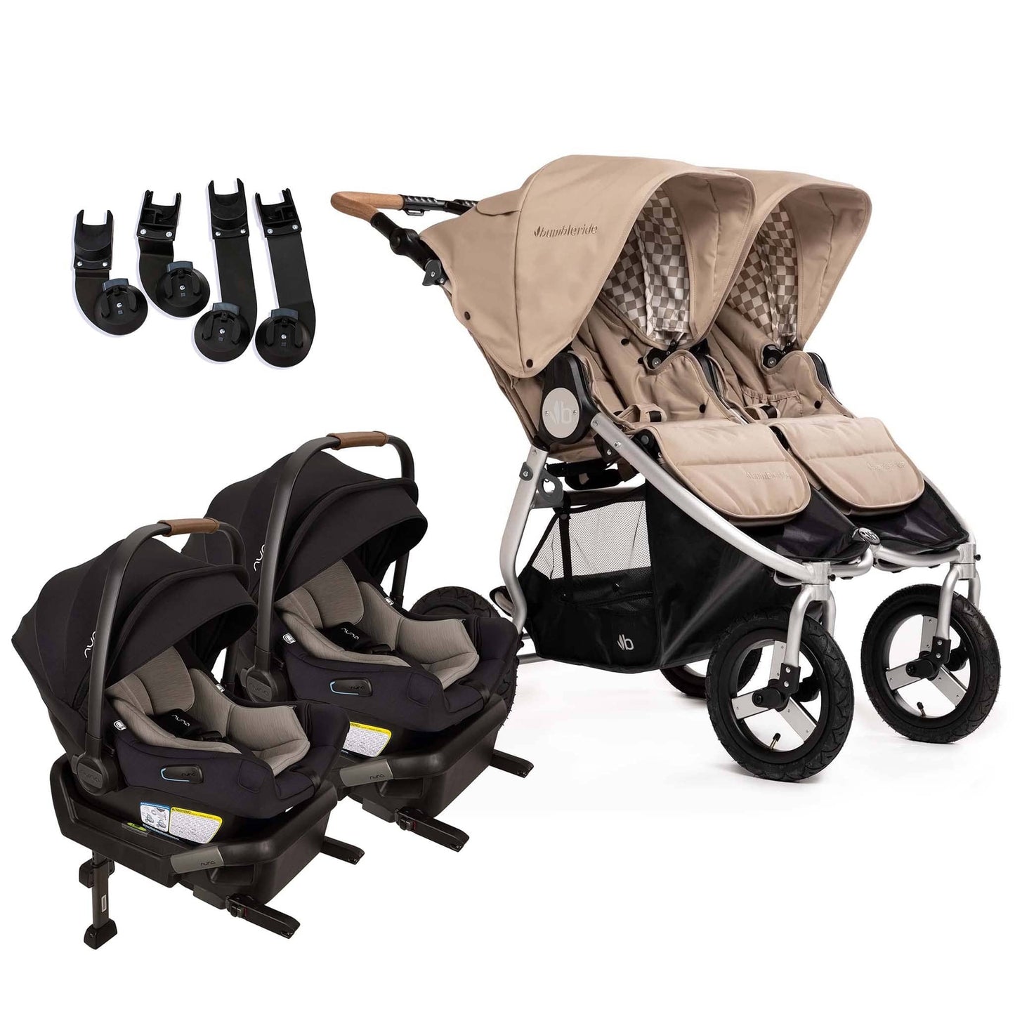Bumbleride Indie Twin Double Stroller + Nuna PIPA Aire Twin Travel System Bundle - Sand / Caviar - TWIN-IT-985SA-CF18500CVR