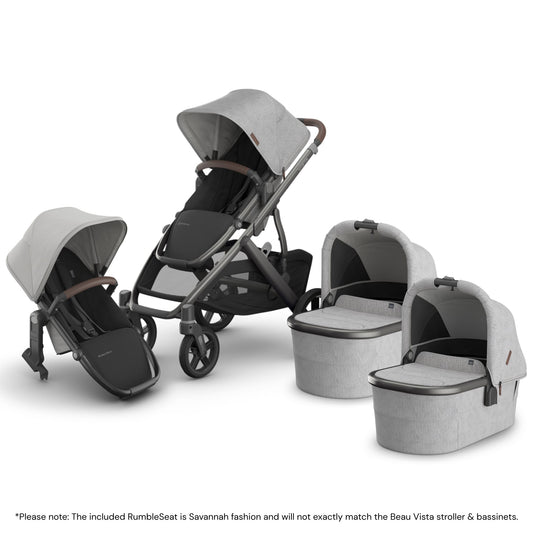 UPPAbaby Vista V3 Twin Stroller with RumbleSeat V3 + Bassinet Bundle - Beau / Savannah