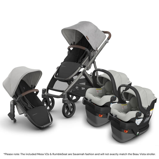 UPPAbaby Vista V3 Twin Stroller with RumbleSeat V3 + Mesa V3 Travel System Bundle - Beau / Savannah