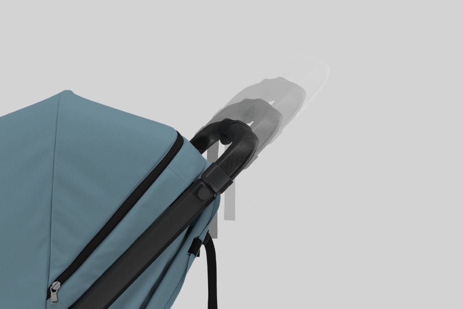 Teal stroller with black handle and zipper, shown against light gray background, featuring ergonomic grip and sleek design.