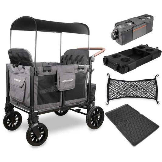 WonderFold W4 Luxe Pro (4 Seater) Stroller Wagon + Essentials Bundle - Charcoal Gray - W4LUXP-GRY-ACC-BNDL