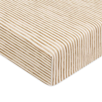 Babyletto crib sheet with tan and white pinstripe pattern