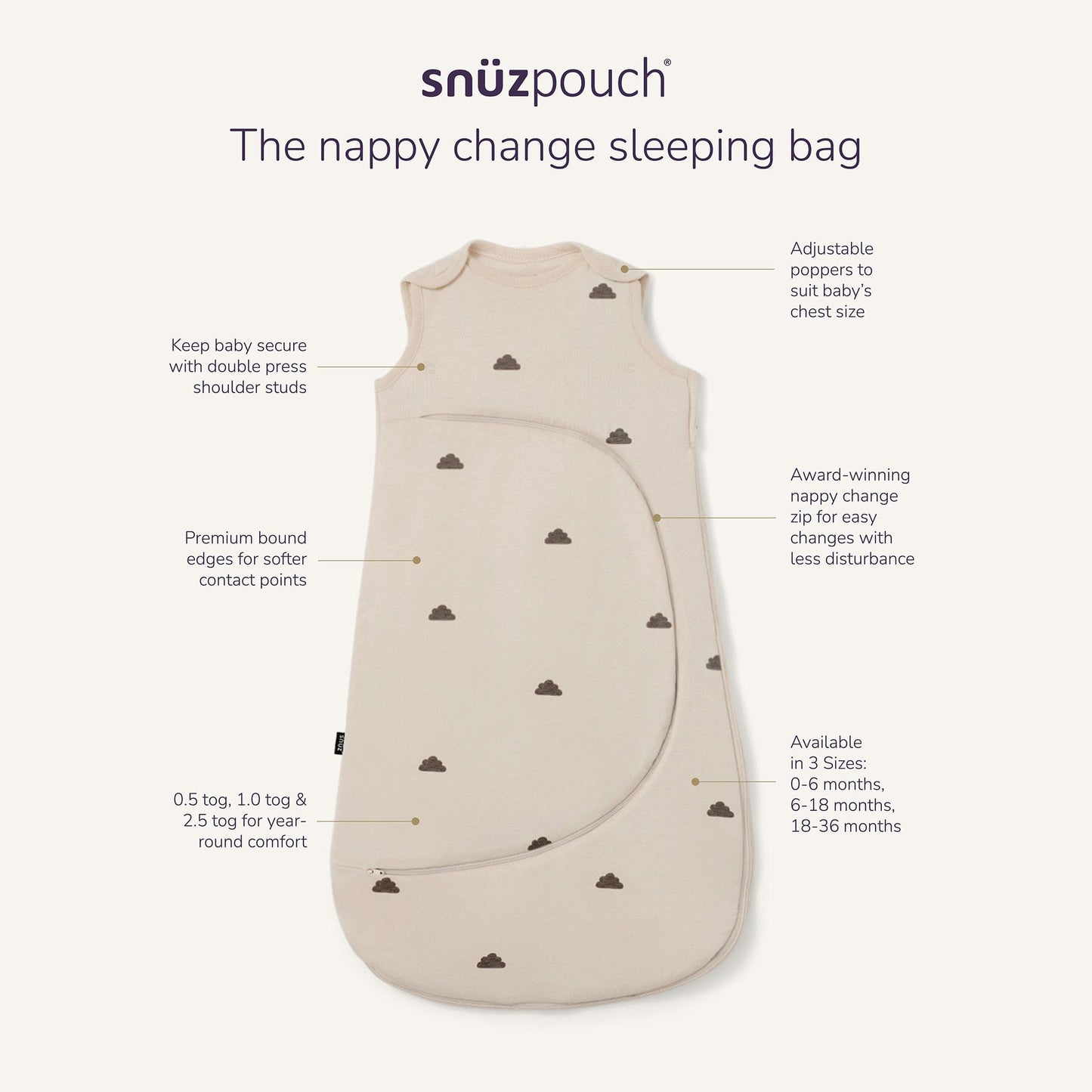 Snuz SnuzPouch Sleeping Bag, 2.5 TOG - Sand/Cloud (0-6 months) - USSW008BA