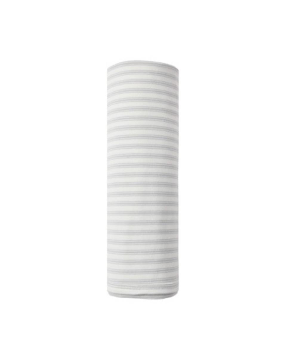 Rolled white swaddle blanket with thin grey horizontal stripes