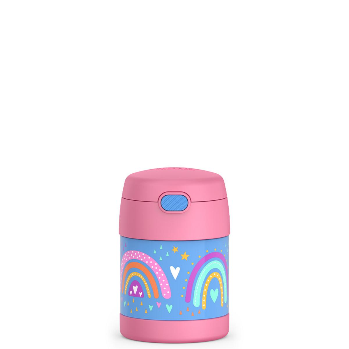 Thermos food jar with pink lid and blue base featuring rainbow and star pattern