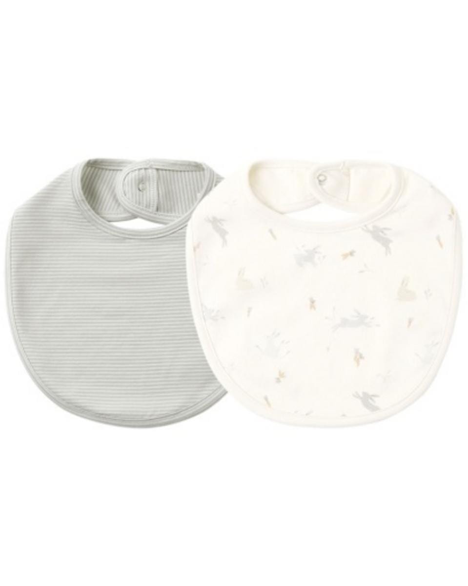 Quincy Mae Jersey Snap Bib Bunnies, Sky Microstripe - Ivory / Sky