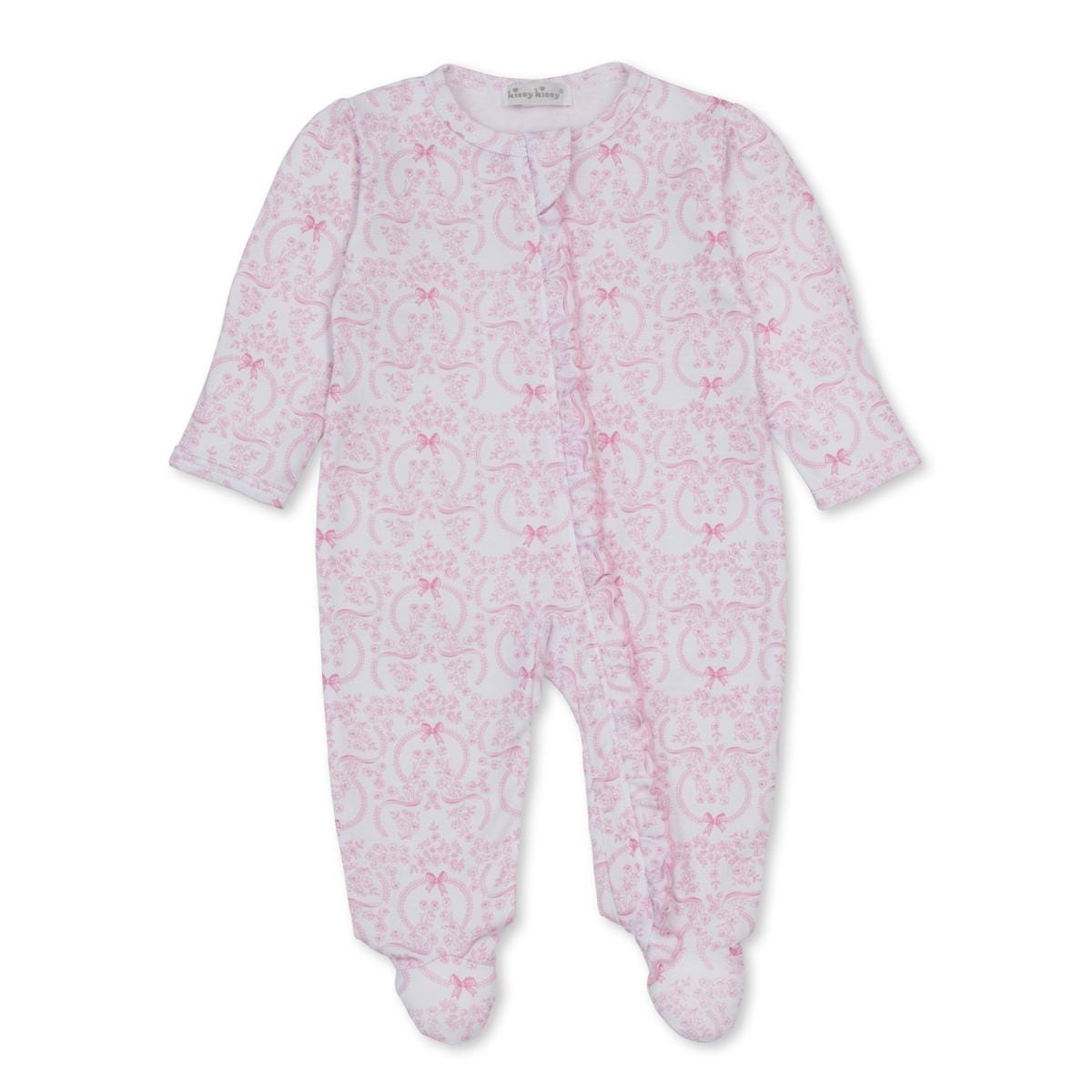 Kissy Kissy white footie with pink floral and ribbon print and front ruffle detail