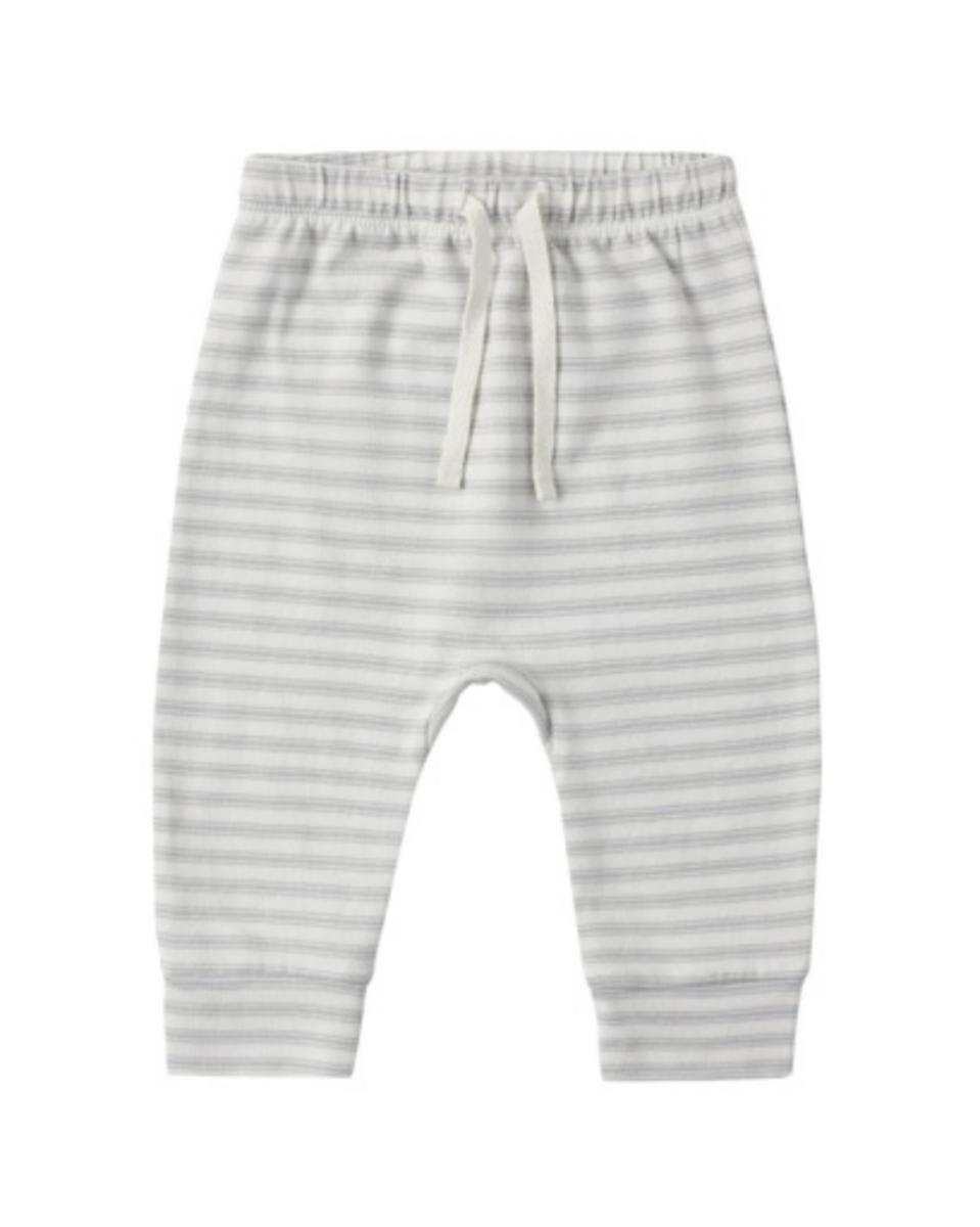 Grey and white striped baby joggers with an elastic waistband and drawstring