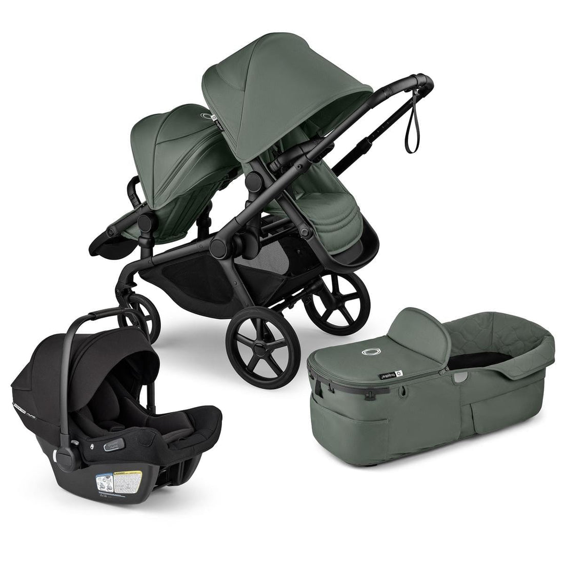 Bugaboo Kangaroo Double Stroller + Turtle Air Shield By Nuna Travel System Bundle - Black / Forest Green / Forest Green / Black - TRVL-100280035-100281024