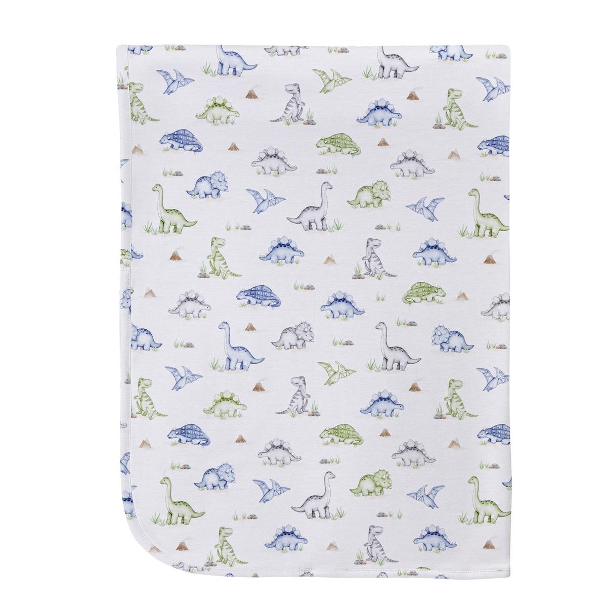 Baby Club Chic white baby blanket with blue and green dinosaur print