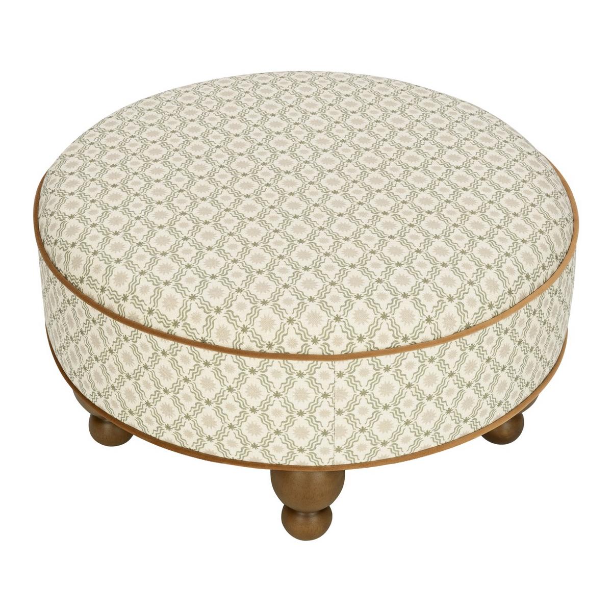 Babyletto round ottoman with green and cream geometric pattern and wooden ball feet