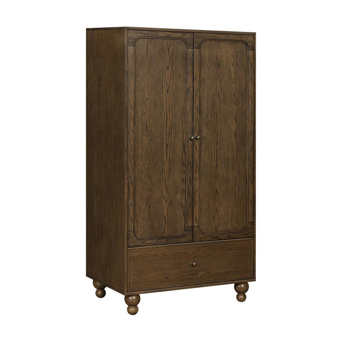 Babyletto dark wood wardrobe with two doors and a bottom drawer on rounded feet