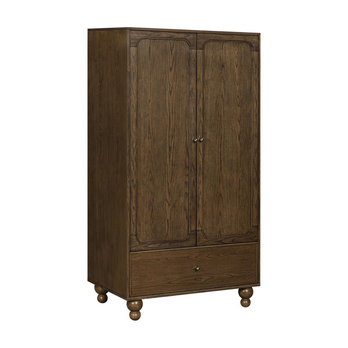 Babyletto dark wood wardrobe with two doors and a bottom drawer on rounded feet
