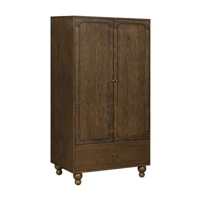 Babyletto dark wood wardrobe with two doors and a bottom drawer on rounded feet