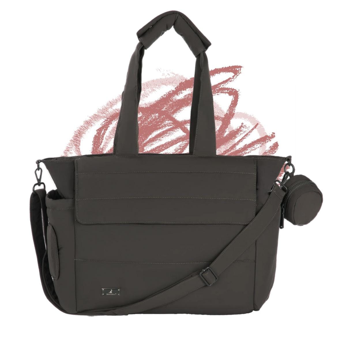 BabbleRoo dark grey quilted diaper tote bag with shoulder strap and small circular pouch