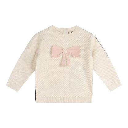 Viverano Organics Ella Bow Knit Baby Pullover (Organic Cotton) - Ecru, 0-3M