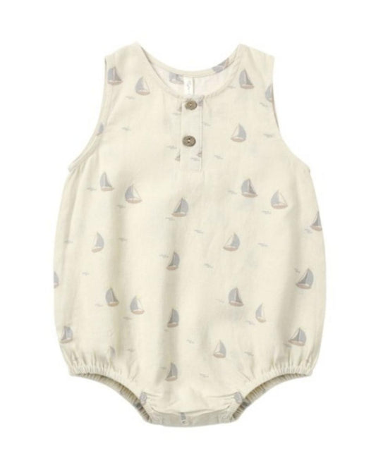 Rylee + Cru Beau Romper Sailboats - Natural, 12-18M