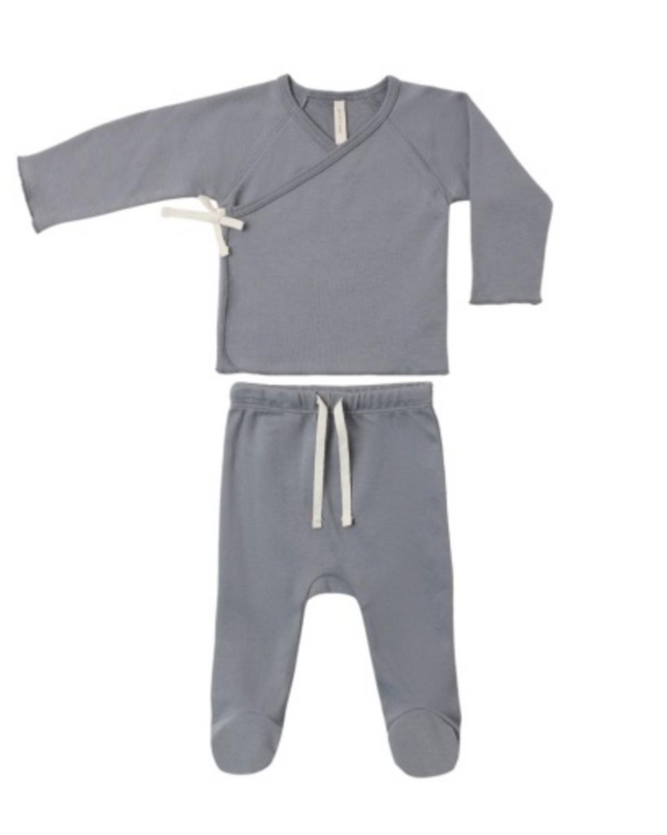 Grey long sleeve wrap top and matching footed pants set with white tie closures