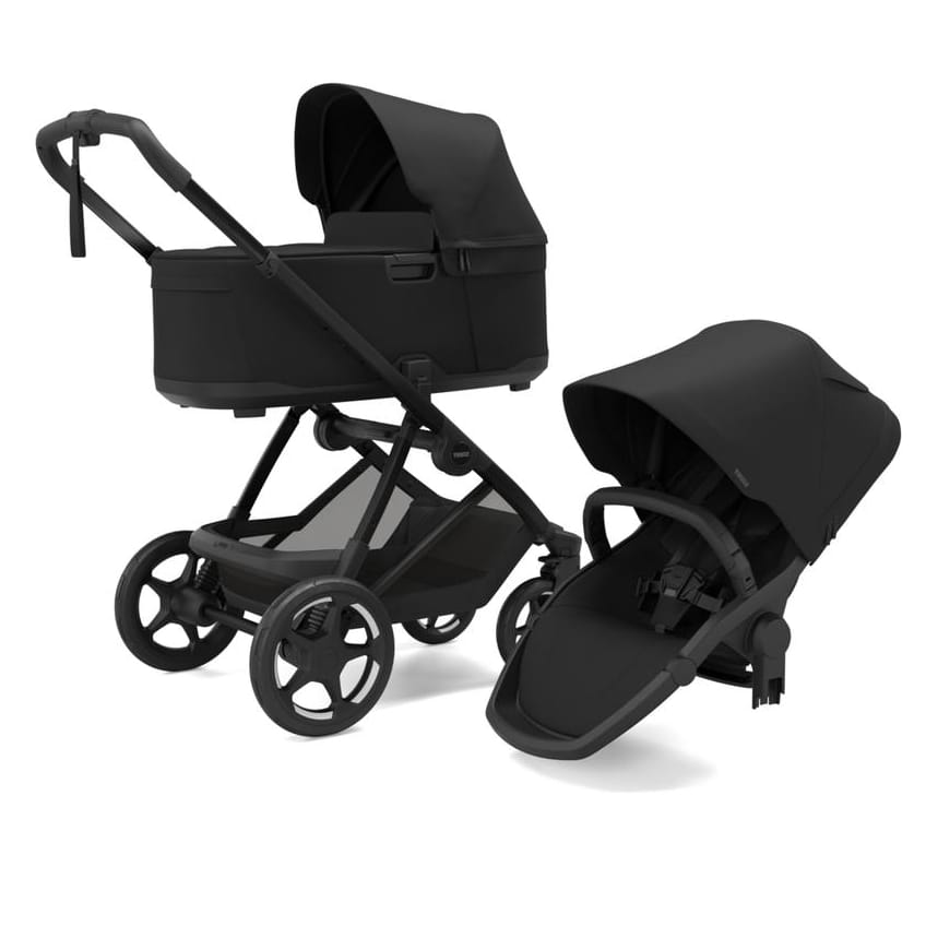 Thule black stroller with bassinet attached and separate seat unit