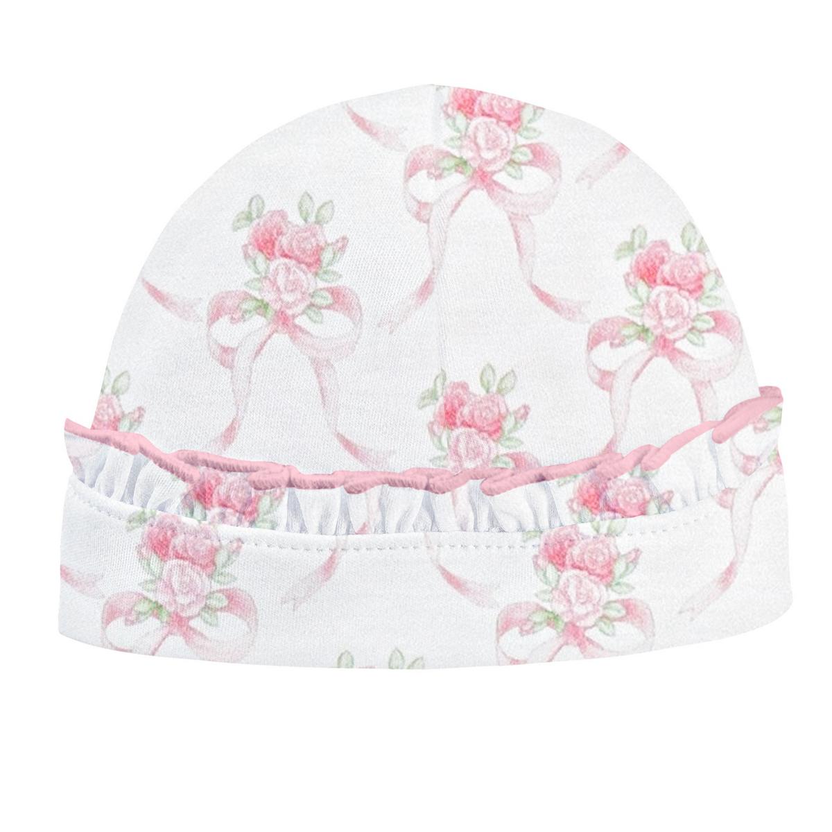 Baby Club Chic white baby hat with pink rose and ribbon print and ruffled trim