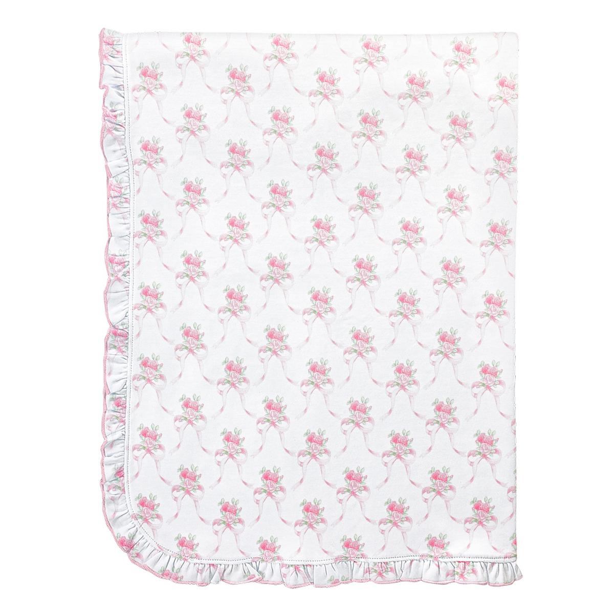 Baby Club Chic white blanket with pink rose and ribbon print and ruffled trim