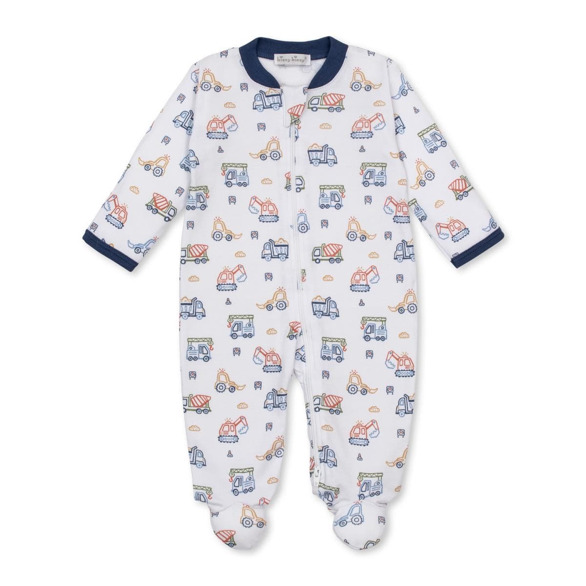 Kissy Kissy white footed sleeper with colorful construction vehicle print and navy blue trim