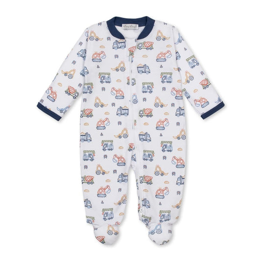 Kissy Kissy white footed sleeper with colorful construction vehicle print and navy blue trim