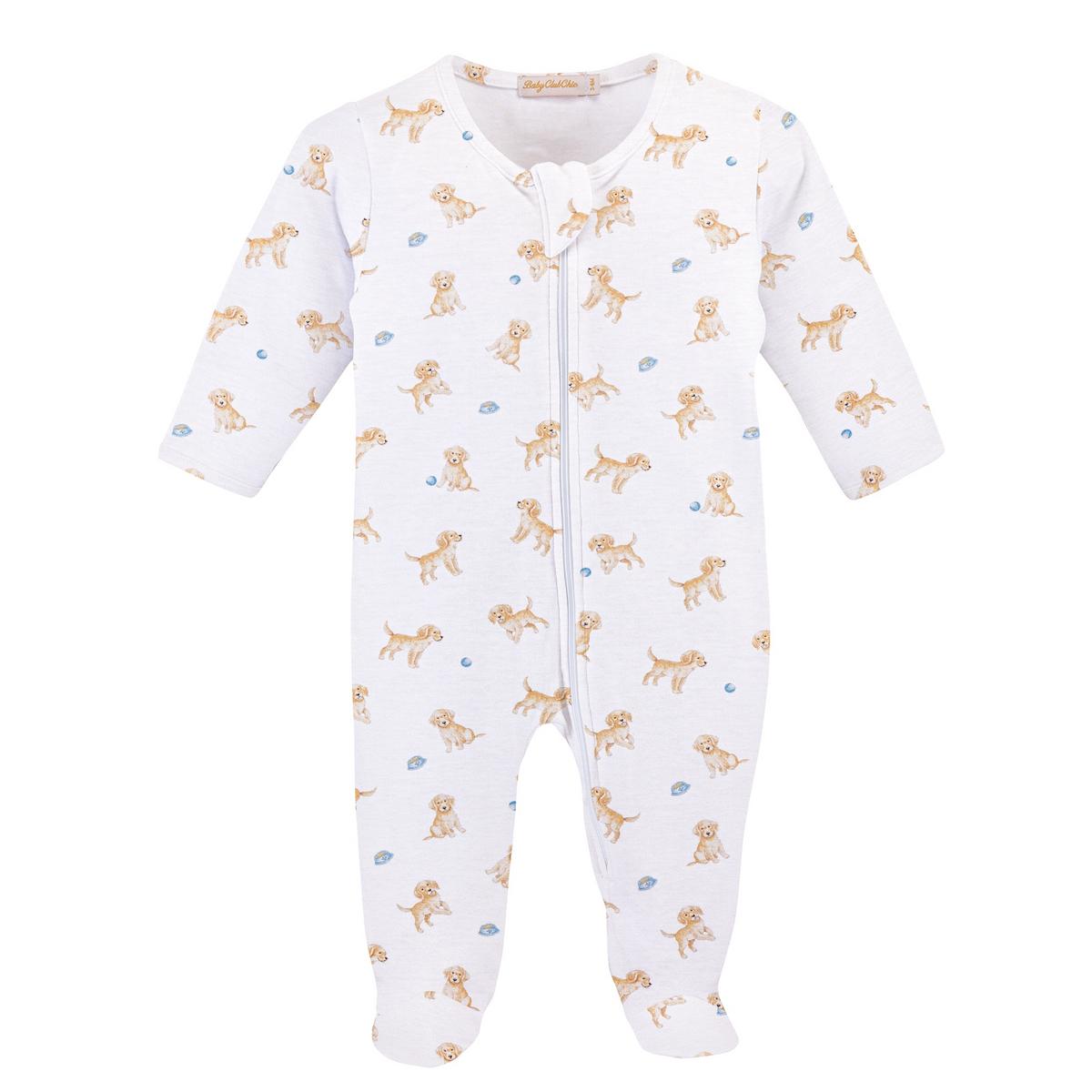 Baby Club Chic white footed sleeper with golden retriever puppy print