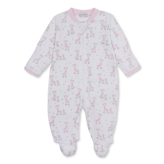 Kissy Kissy white footed sleeper with pink giraffe and star print