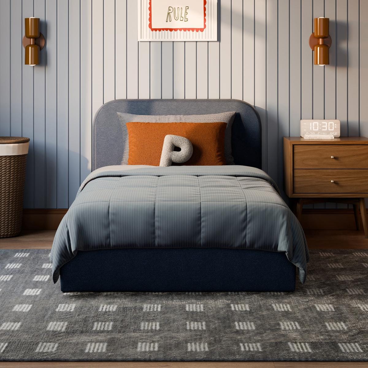 Babyletto Nara Twin Floor Bed - Performance Navy Eco-Twill