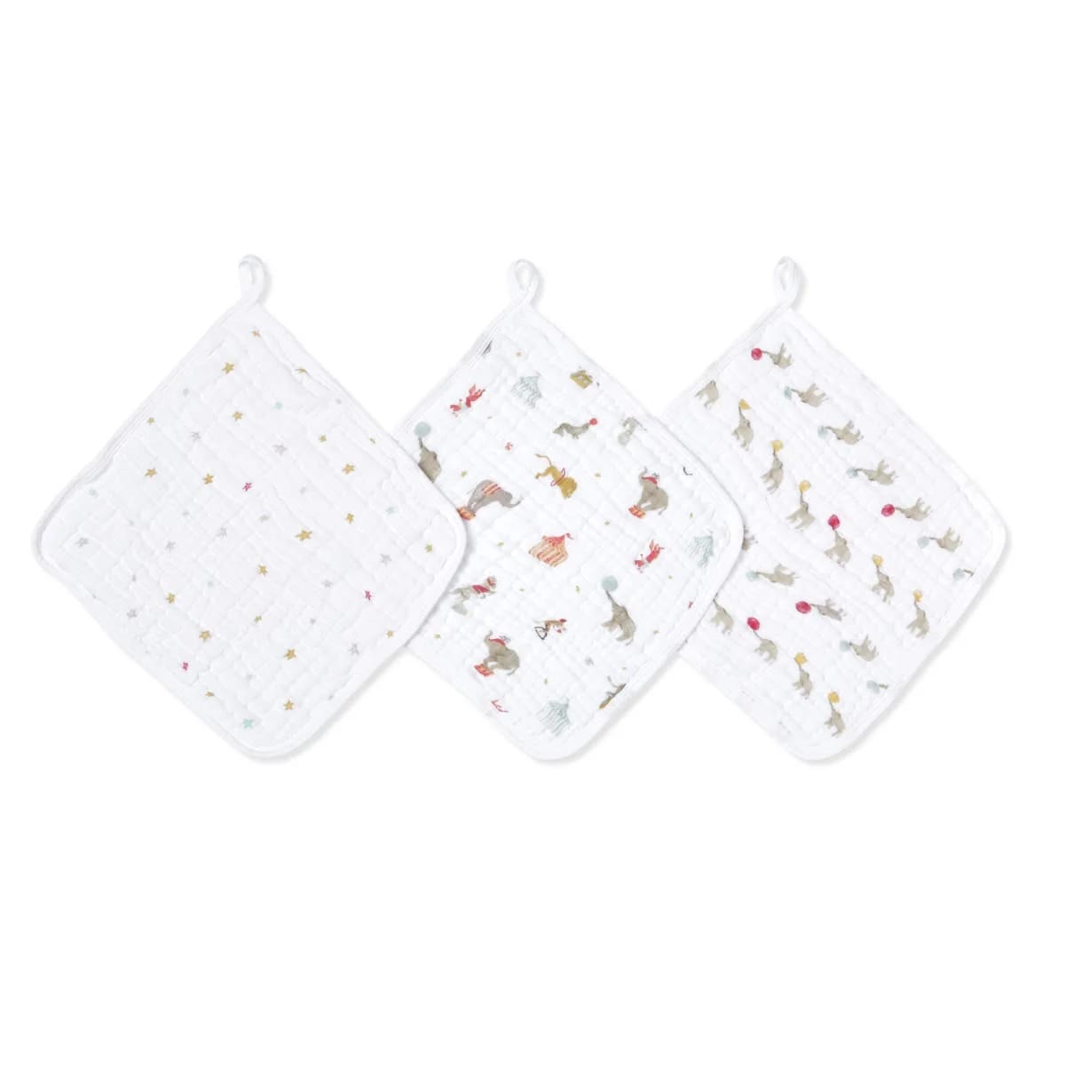 Aden + Anais Essentials Cotton Muslin Washcloths 3 pk - Elephant Circus - EWCC30017