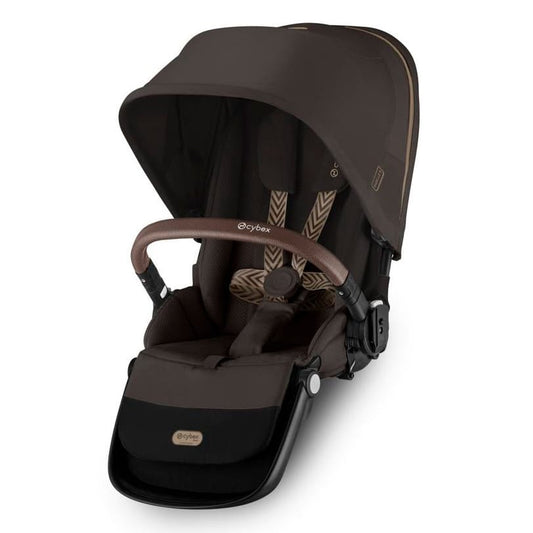 Cybex brown stroller seat unit with patterned harness and leather look bumper bar