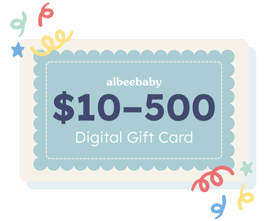 albeebaby digital gift card with a value range of $10-500 on a white background