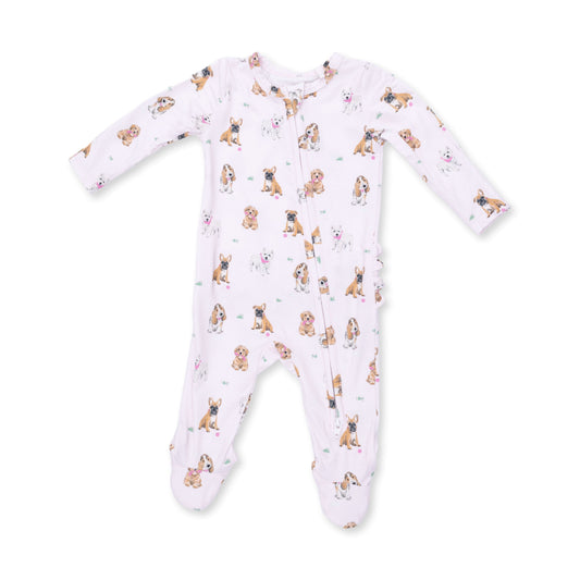 Angel Dear Bestie Dogs Pink 2 Way Ruffle Back Zipper Footie, 0-3M