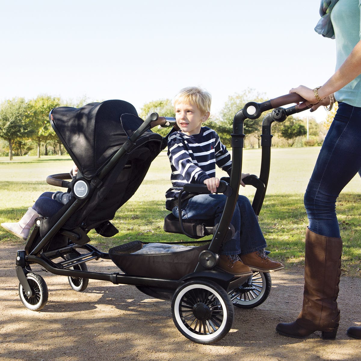 Austlen Entourage Stroller & Sit+Stand Jump Seat - Silver / Navy - ST-ENTS-NV-SA-STST-BK