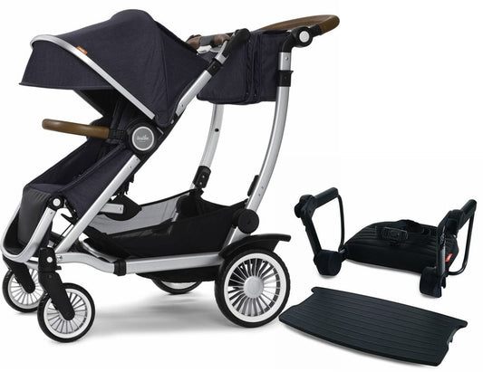 Austlen Entourage Stroller & Sit+Stand Jump Seat - Silver / Navy - ST-ENTS-NV-SA-STST-BK