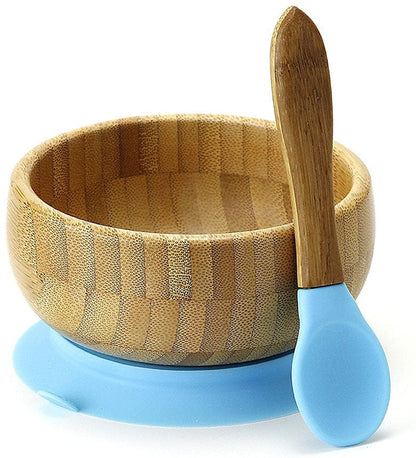 Avanchy Bamboo Stay Put Suction Baby Bowl + Spoon - Blue