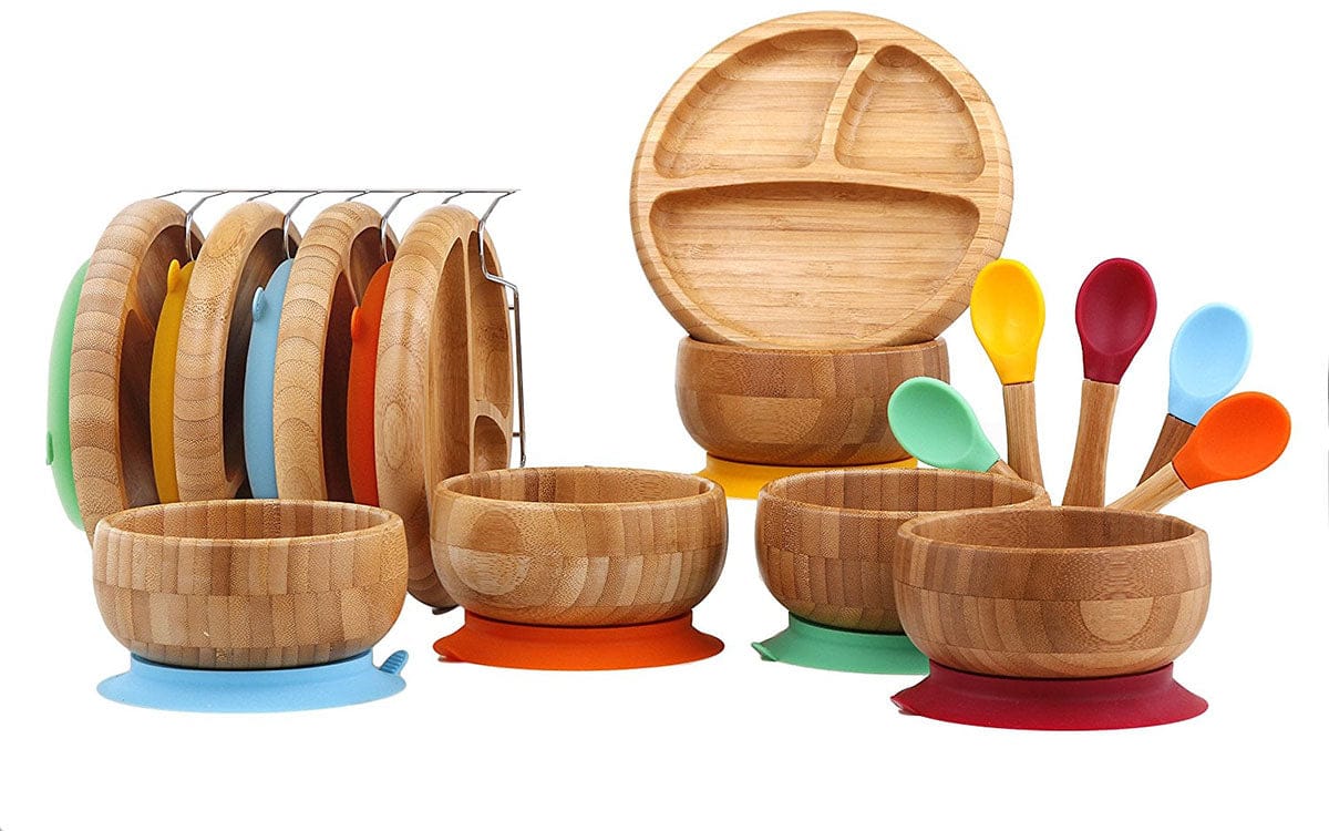 Avanchy Bamboo Stay Put Suction Baby Bowl + Spoon - Blue
